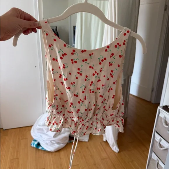 Zara Satin Effect Cherry Print Crop Camisole - Cream and Red - Picture 5 of 5